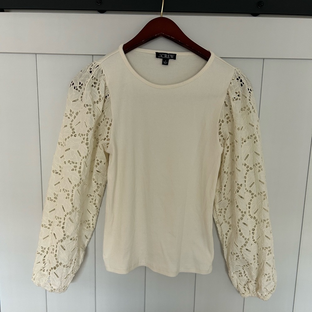 J.Crew Vintage Rib Top Cotton Poplin Eyelet Lace Puff Sleeves in Ivory
